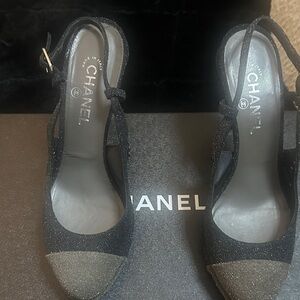 CHANEL Black Glitter Slingback Heels with Silver Glitter Cap